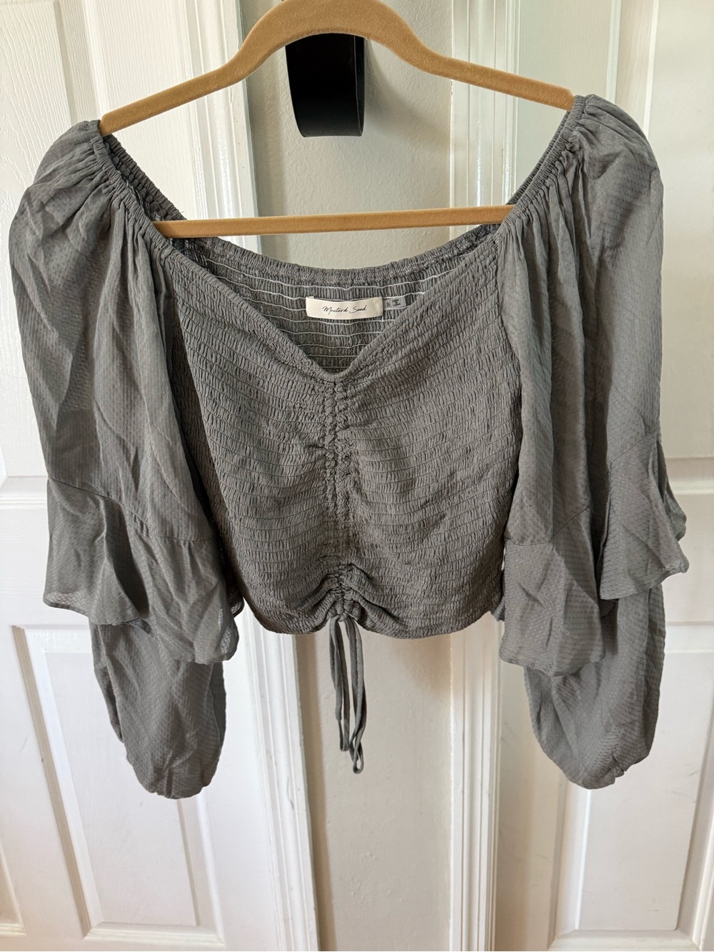 Mustard Seed Grey Off-Shoulder Ruched Crop Top